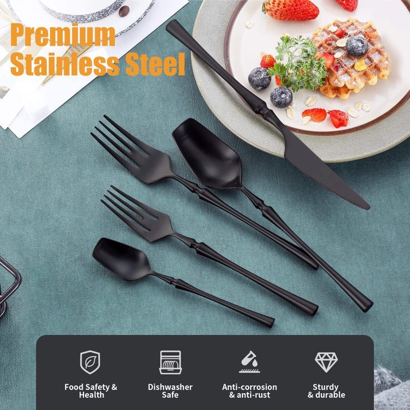 Lemeya 20-Piece Matte Black Silverware Set for 4,Modern 18/10 Stainless Steel Flatware Set,Unique Rustic Cutlery Utensils Set,Spoon and Fork Set for Home, Restaurant,Mirror Polished,Dishwasher Safe - Image 3